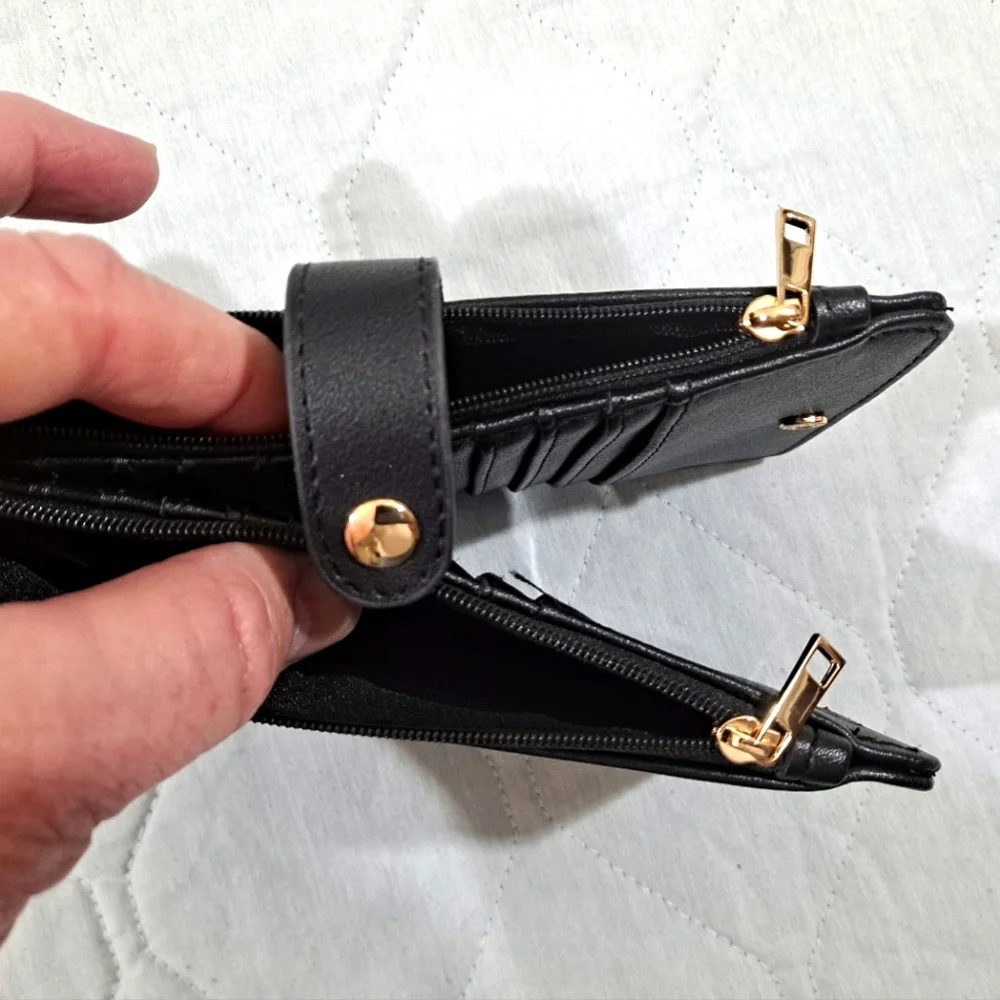 Tong Guang Purse Wallet 19 Credit Card Holder & 2 Zip Pockets Black/Gold Women's